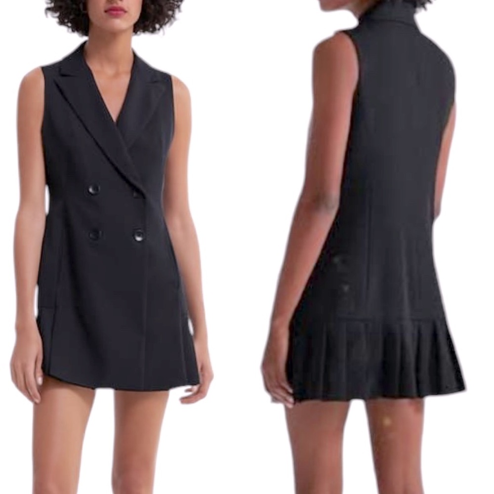 Zara Black Sleeveless Double Breasted Pleated Blazer Mini Dress Waistcoat - XS